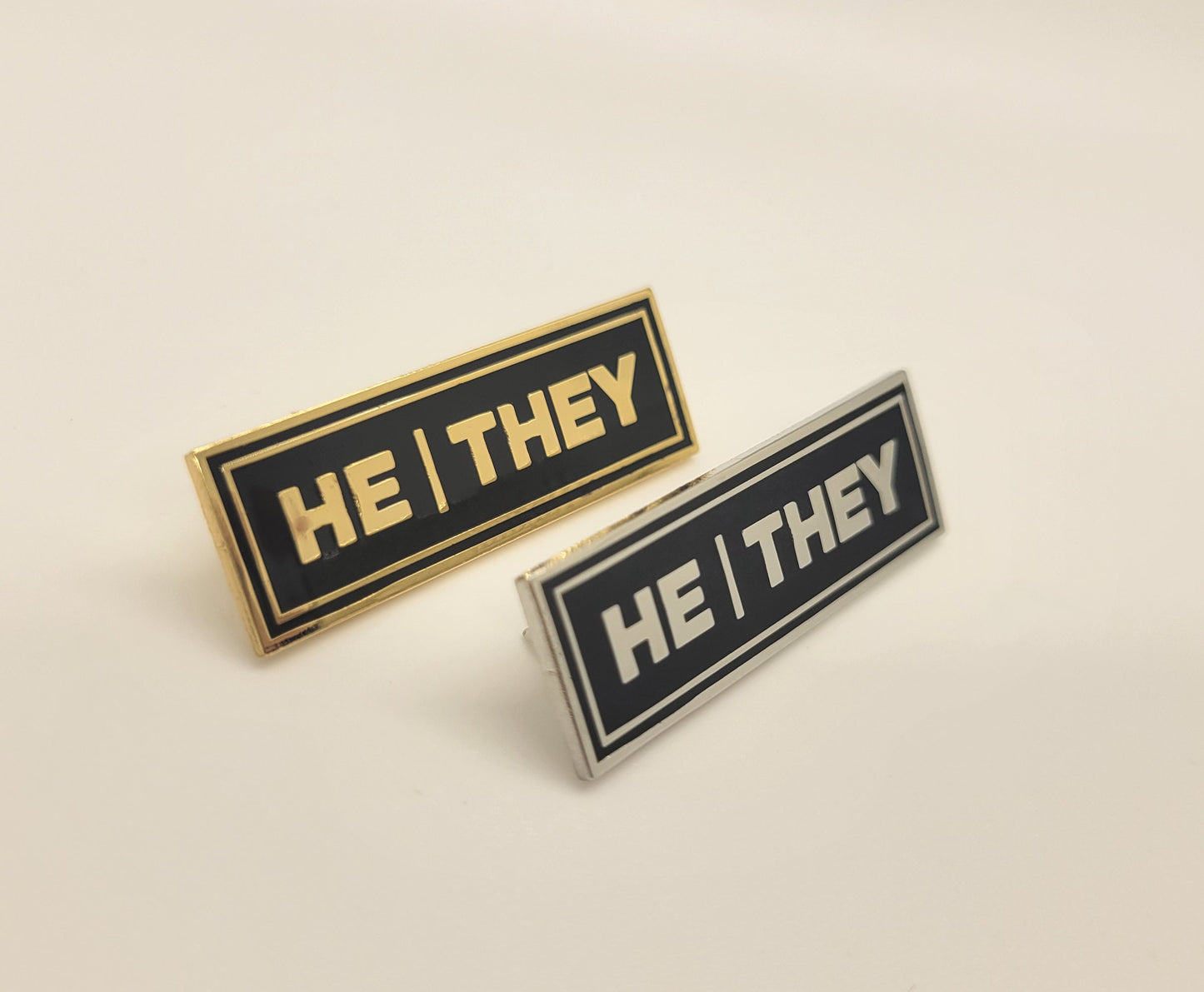 He/They Rectangle Pronoun Pin or Magnet Back Silver or Gold Hard Enamel 1.5 by .5 in | Masc Nonbinary Pronoun Badge