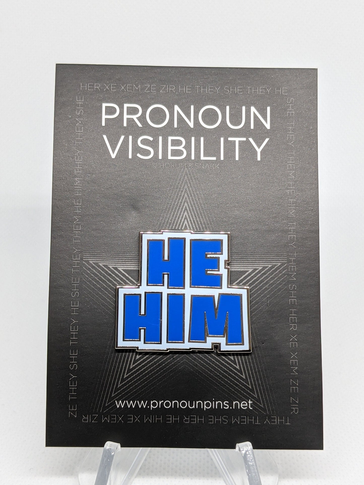 He Him Pronoun Pin Block Letters | Choose Blue or Black and White Masc Male Hard Enamel Pronoun Button Badge