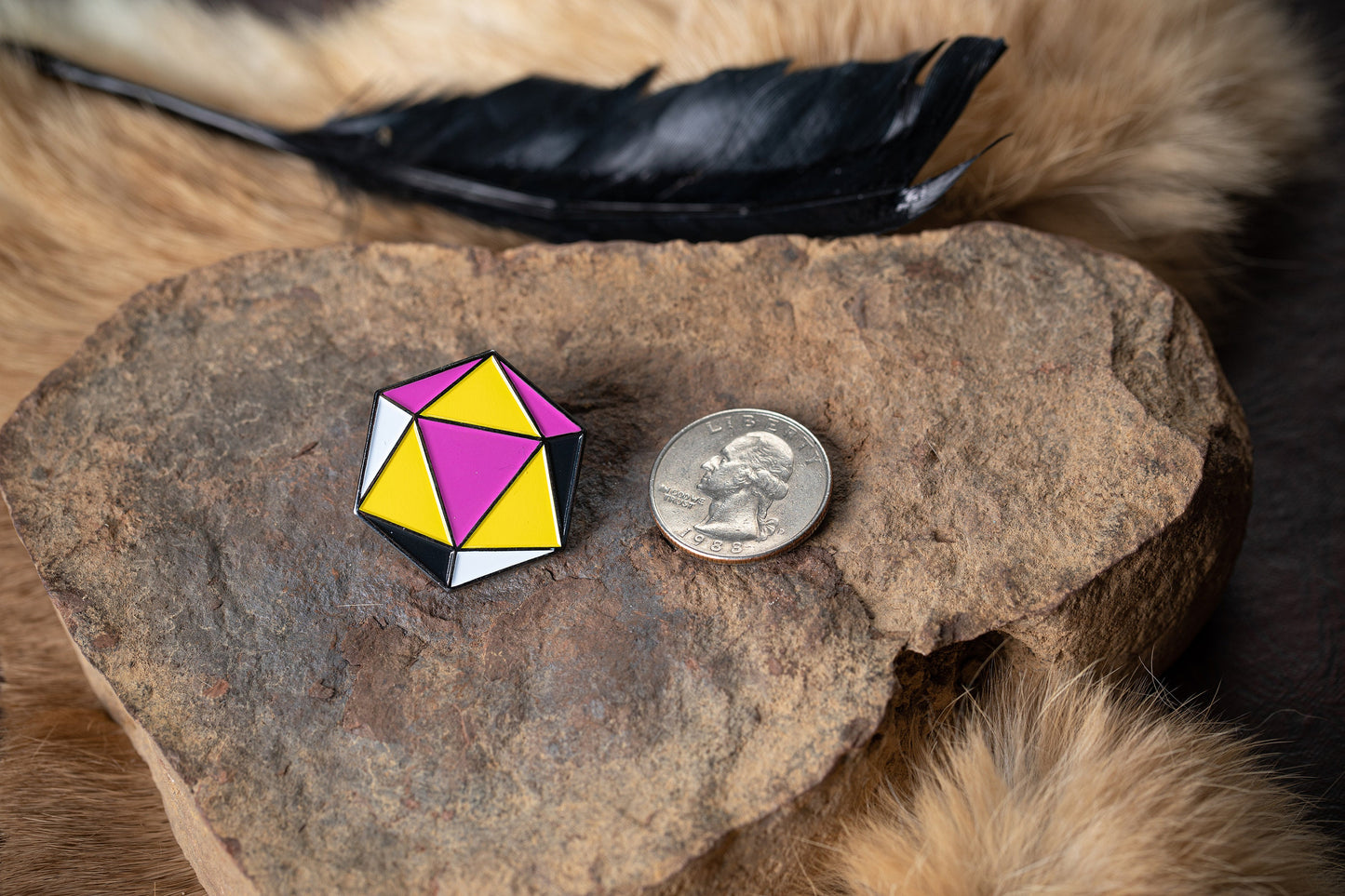 Nonbinary Pride d20 Gaming Dice Enamel Pin in Enby Pride Flag Colors