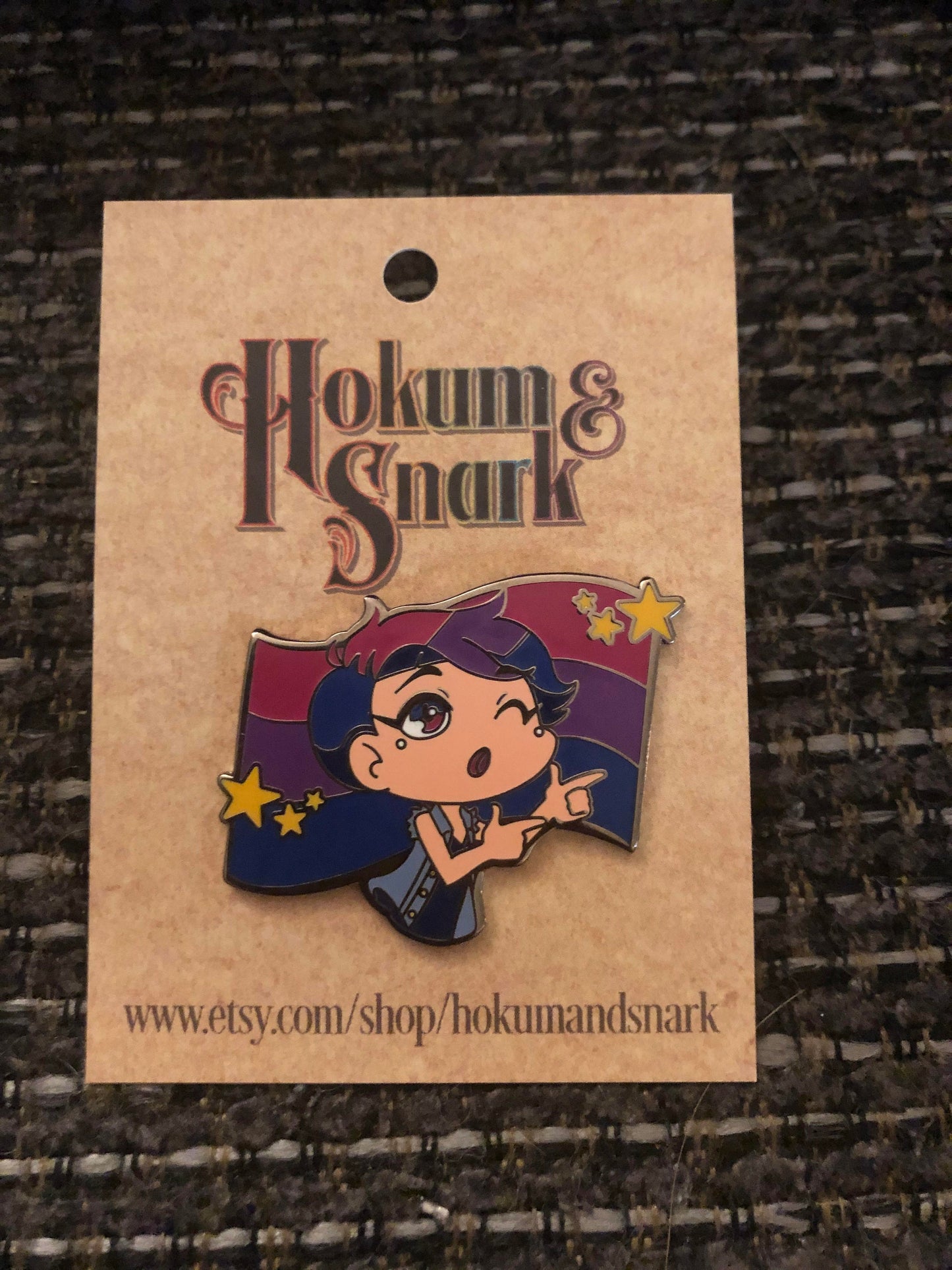 Finger Guns Bi Kawaii Chibi Style Enamel Pin with Bisexual Pride Flag