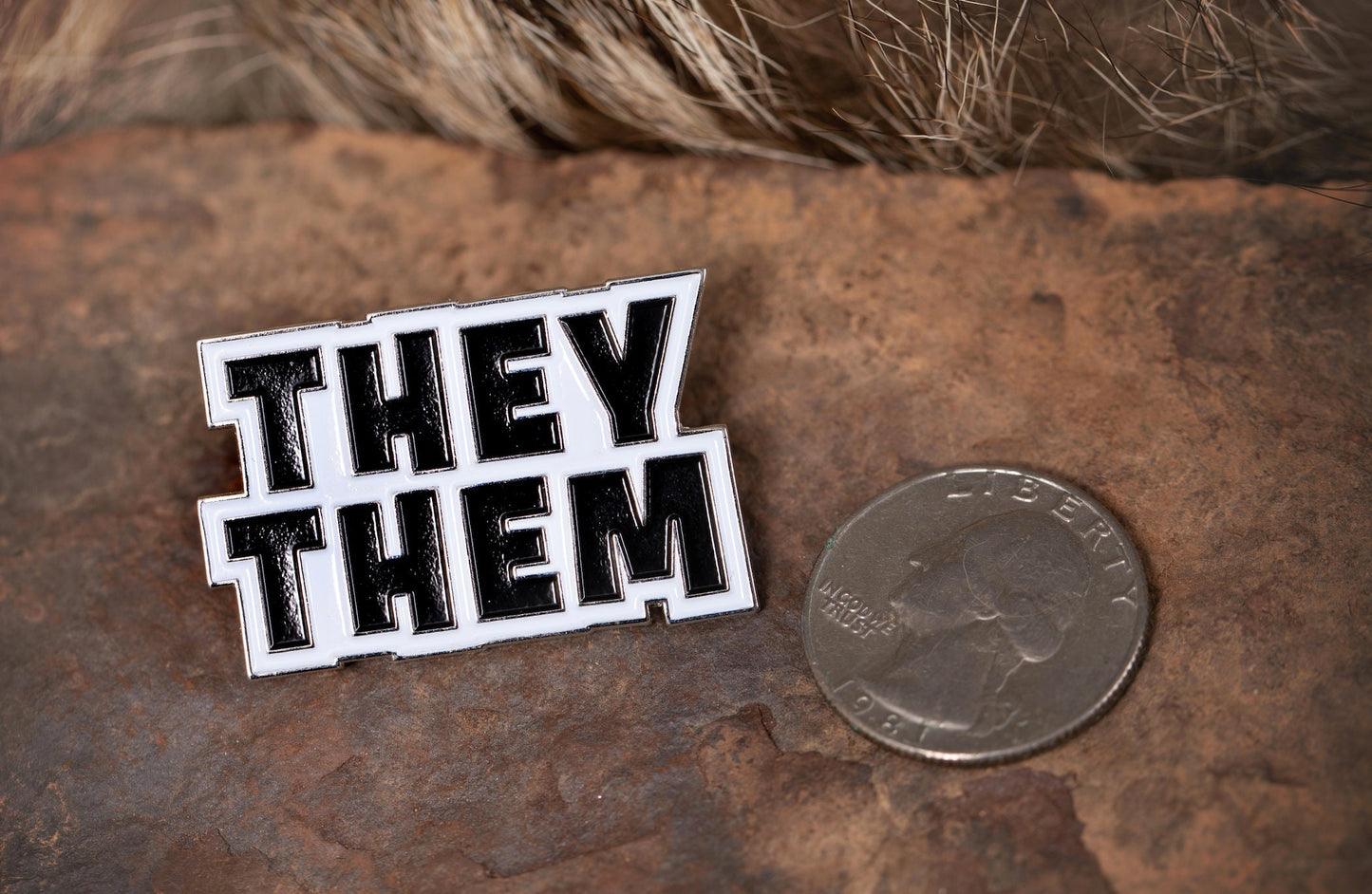 They Them Pronoun Pin | Nonbinary Hard Enamel Pronoun Badge in Bold Silver Black White