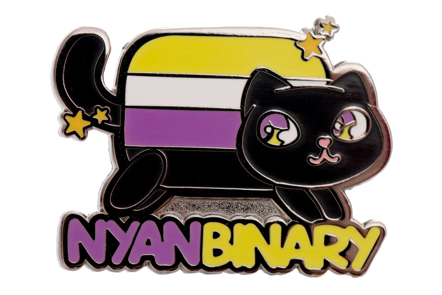 Nonbinary Pride Nyanbinary Nyan Cat Pun Kawaii Chibi Style Enamel Pin in LGBTQ Enby Pride Flag Colors