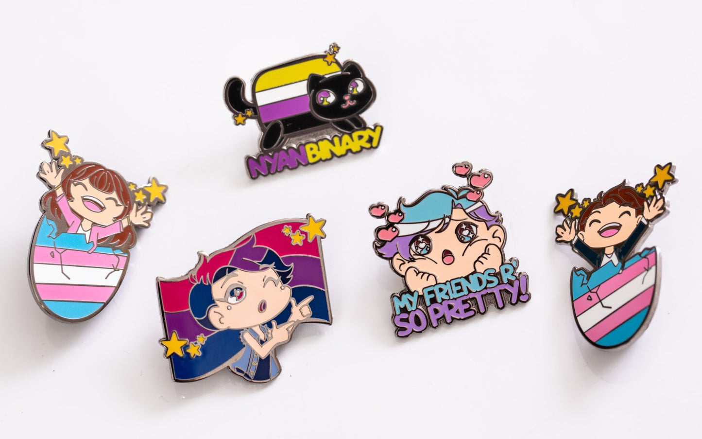 Nonbinary Pride Nyanbinary Nyan Cat Pun Kawaii Chibi Style Enamel Pin in LGBTQ Enby Pride Flag Colors