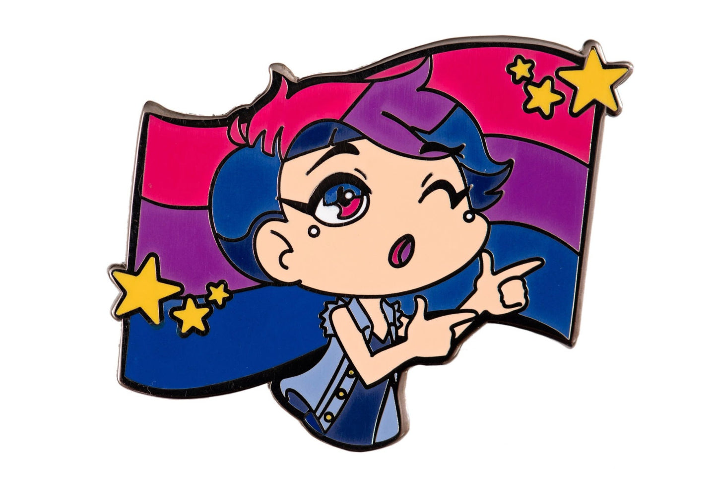 Finger Guns Bi Kawaii Chibi Style Enamel Pin with Bisexual Pride Flag