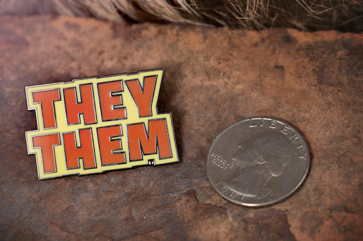 They Them Pronoun Pin | Nonbinary Hard Enamel Pronoun Button in Bold Orange and Yellow