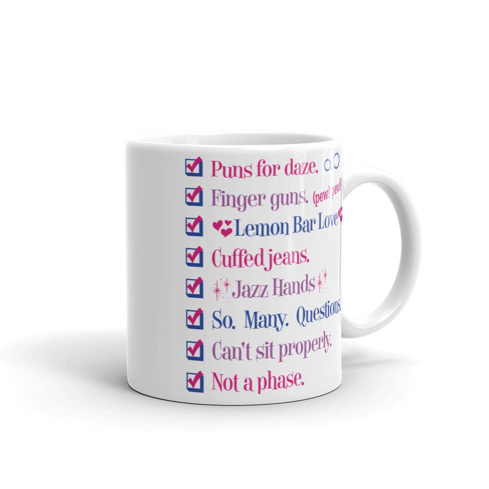 Bisexual Pride Bi Culture Checklist Finger Guns Bi Pride Flag Chibi White Ceramic Mug - 11 oz or 15 oz - LGBT Pride Gifts & Accessories