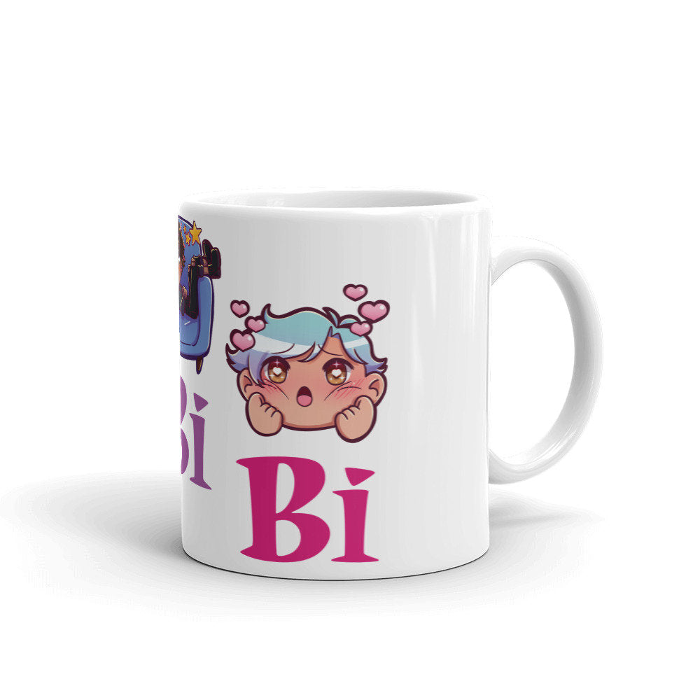 Bisexual Pride Bi Culture Chibi Character LGBTQ Bi Pride Flag Finger Guns Squish Can't Sit Properly White Ceramic Mug - 11 oz or 15 oz
