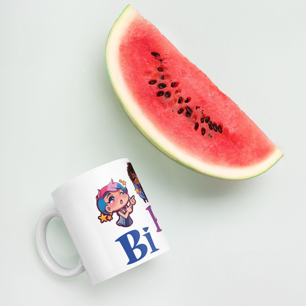 Bisexual Pride Bi Culture Chibi Character LGBTQ Bi Pride Flag Finger Guns Squish Can't Sit Properly White Ceramic Mug - 11 oz or 15 oz