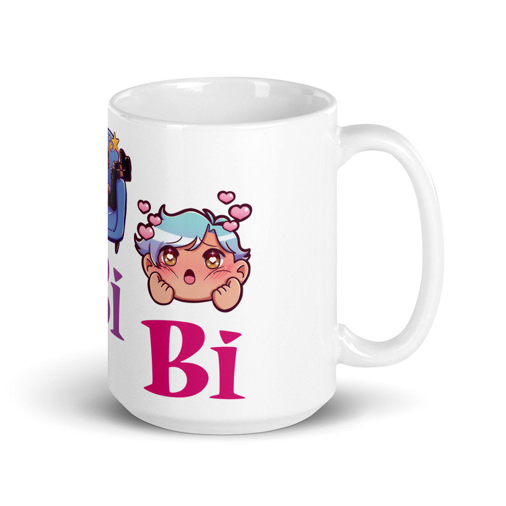 Bisexual Pride Bi Culture Chibi Character LGBTQ Bi Pride Flag Finger Guns Squish Can't Sit Properly White Ceramic Mug - 11 oz or 15 oz