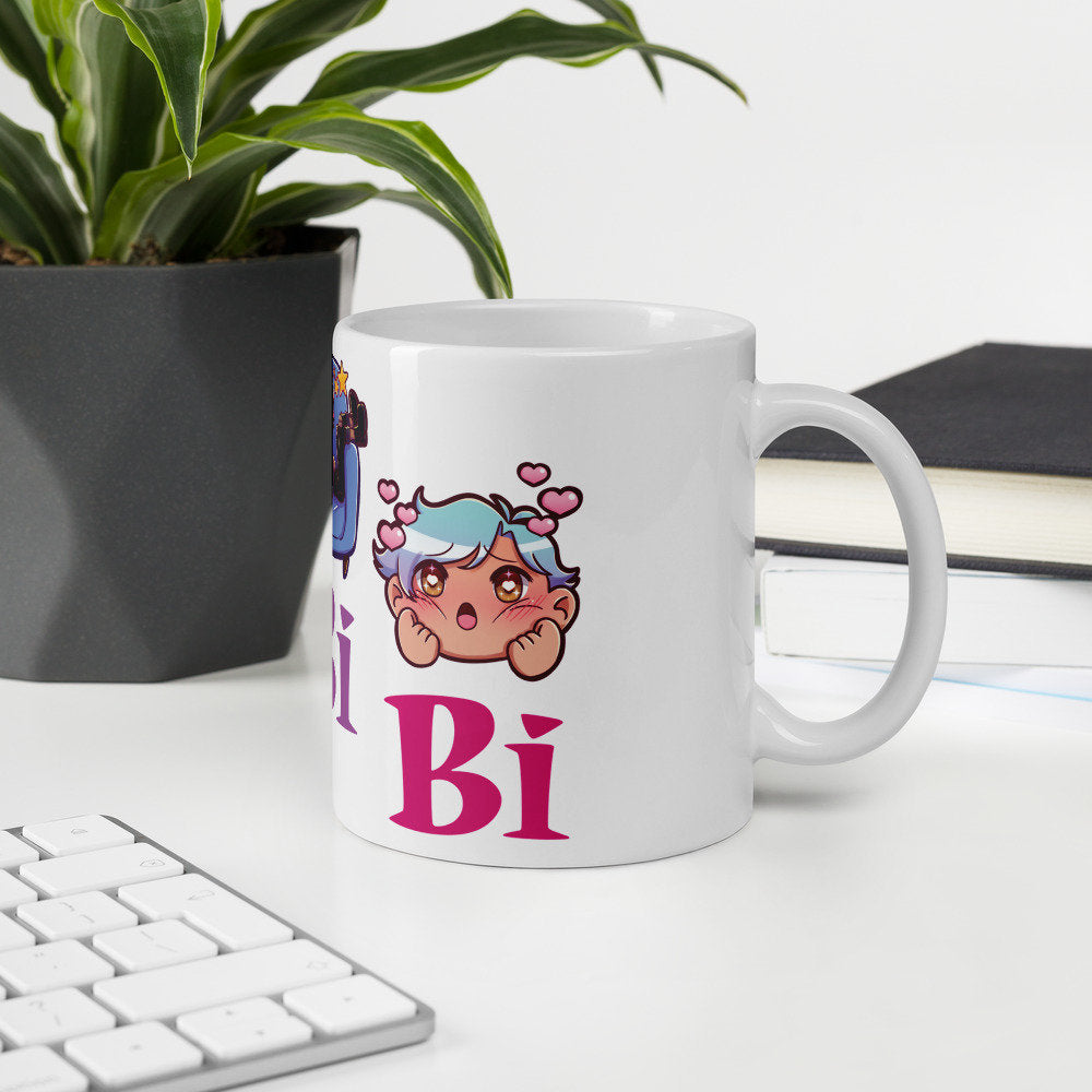 Bisexual Pride Bi Culture Chibi Character LGBTQ Bi Pride Flag Finger Guns Squish Can't Sit Properly White Ceramic Mug - 11 oz or 15 oz