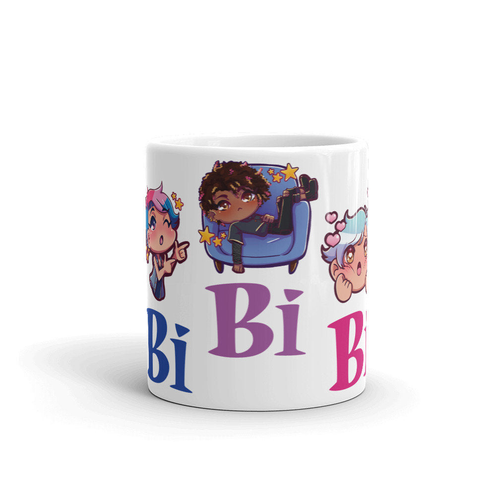 Bisexual Pride Bi Culture Chibi Character LGBTQ Bi Pride Flag Finger Guns Squish Can't Sit Properly White Ceramic Mug - 11 oz or 15 oz