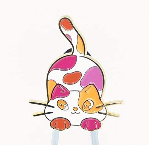 Lesbian Pride Chibi Calico Cat Enamel Pin in Sunset Lesbian LGBT Pride Flag Colors | Subtle Pride Jewelry