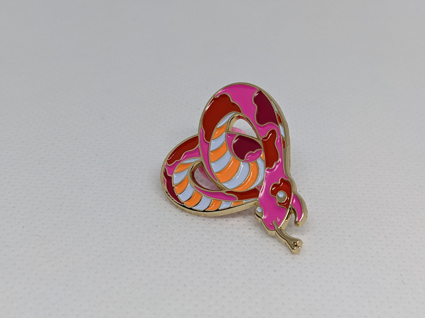 Lesbian Pride Heart-Shaped Snake Enamel Pin in Sunset Inclusive Lesbian Flag Colors