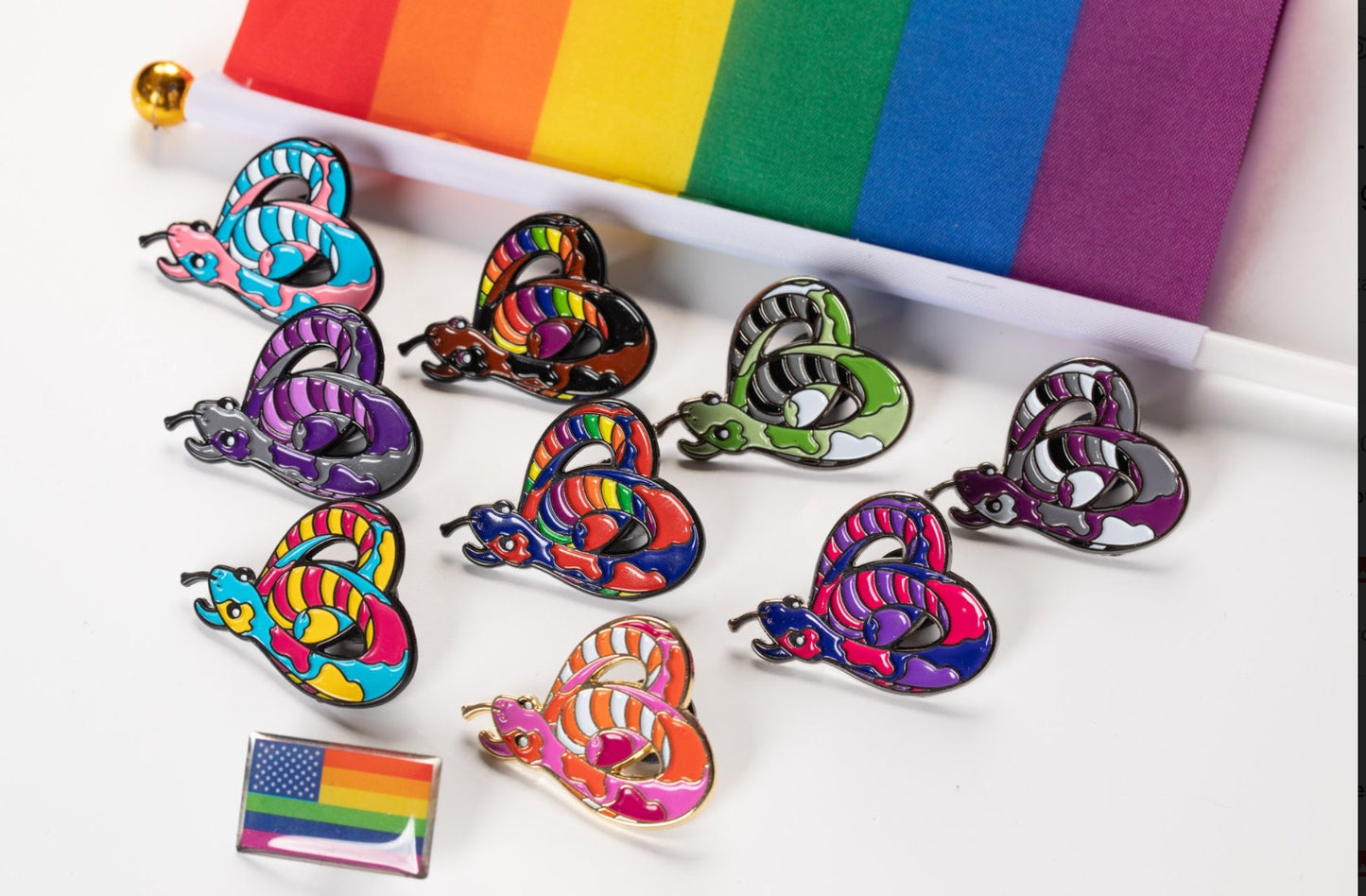 Lesbian Pride Heart-Shaped Snake Enamel Pin in Sunset Inclusive Lesbian Flag Colors