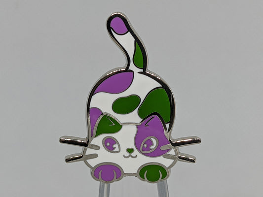 Genderqueer Purride Chibi Cat Hard Enamel Pin in Genderqueer Pride Flag Colors | LGBTQ+ Subtle Pride Jewelry