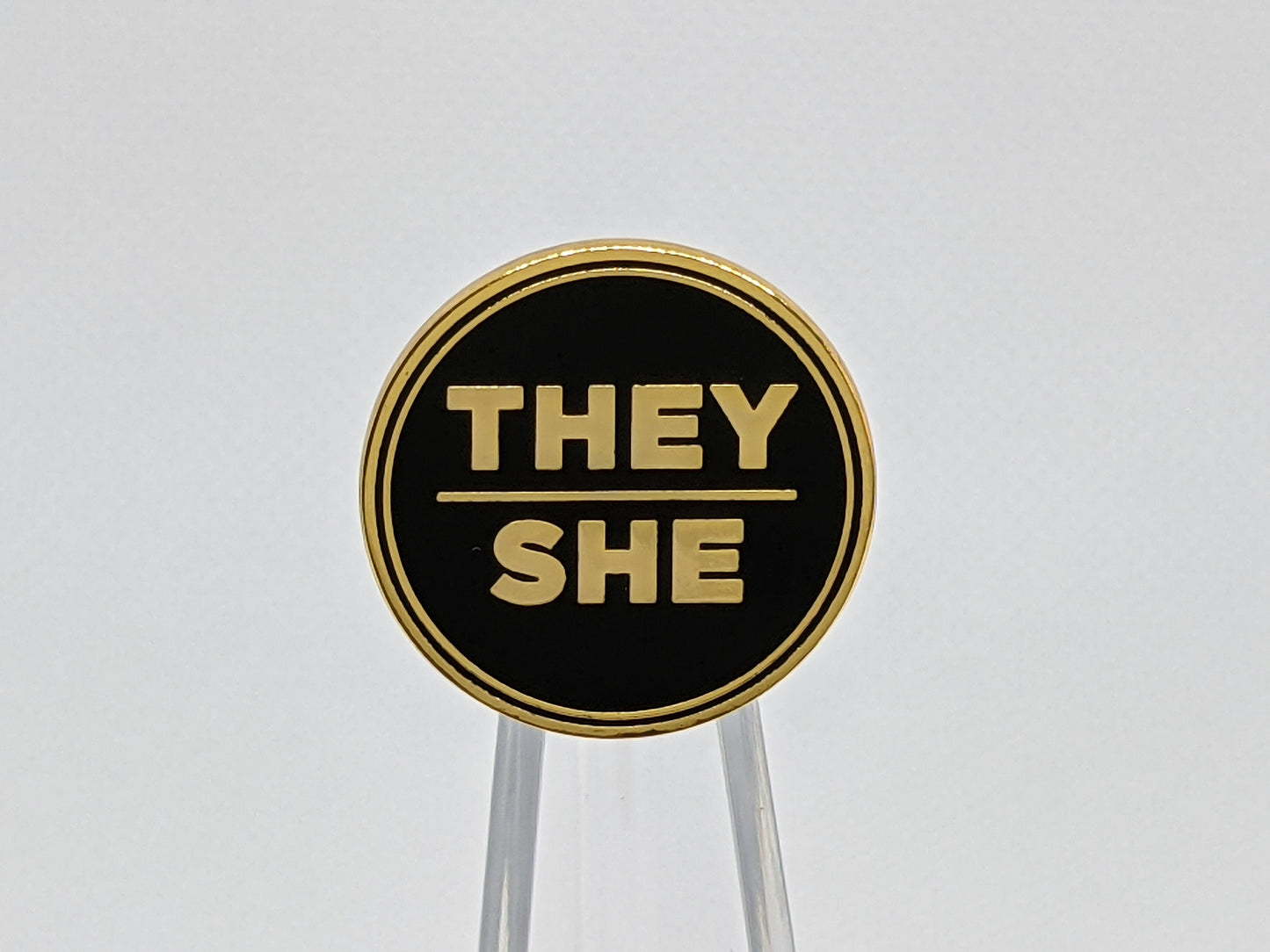 They She Pronoun Pin Silver or Gold 1-inch Round Hard Enamel | Nonbinary Femme Multi-gender Genderfluid Genderqueer Pronoun Badge
