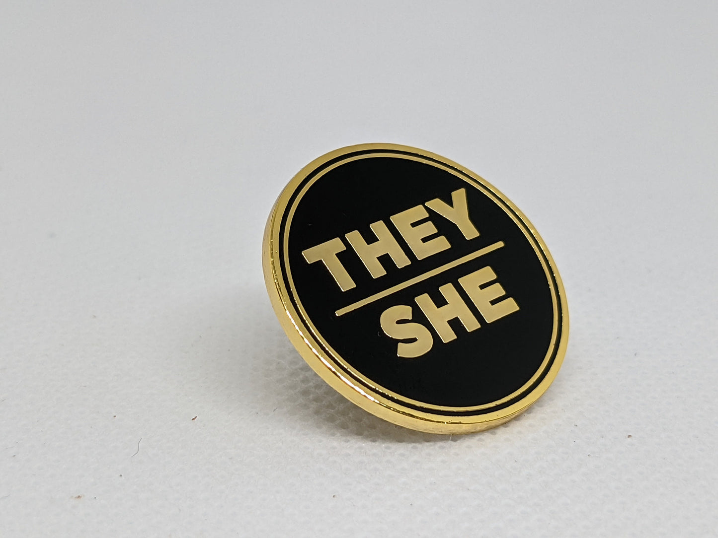 They She Pronoun Pin Silver or Gold 1-inch Round Hard Enamel | Nonbinary Femme Multi-gender Genderfluid Genderqueer Pronoun Badge