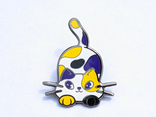 Nonbinary Purride Chibi Cat Hard Enamel Pin in Nonbinary Pride Flag Colors | LGBTQ+ Subtle Pride Jewelry