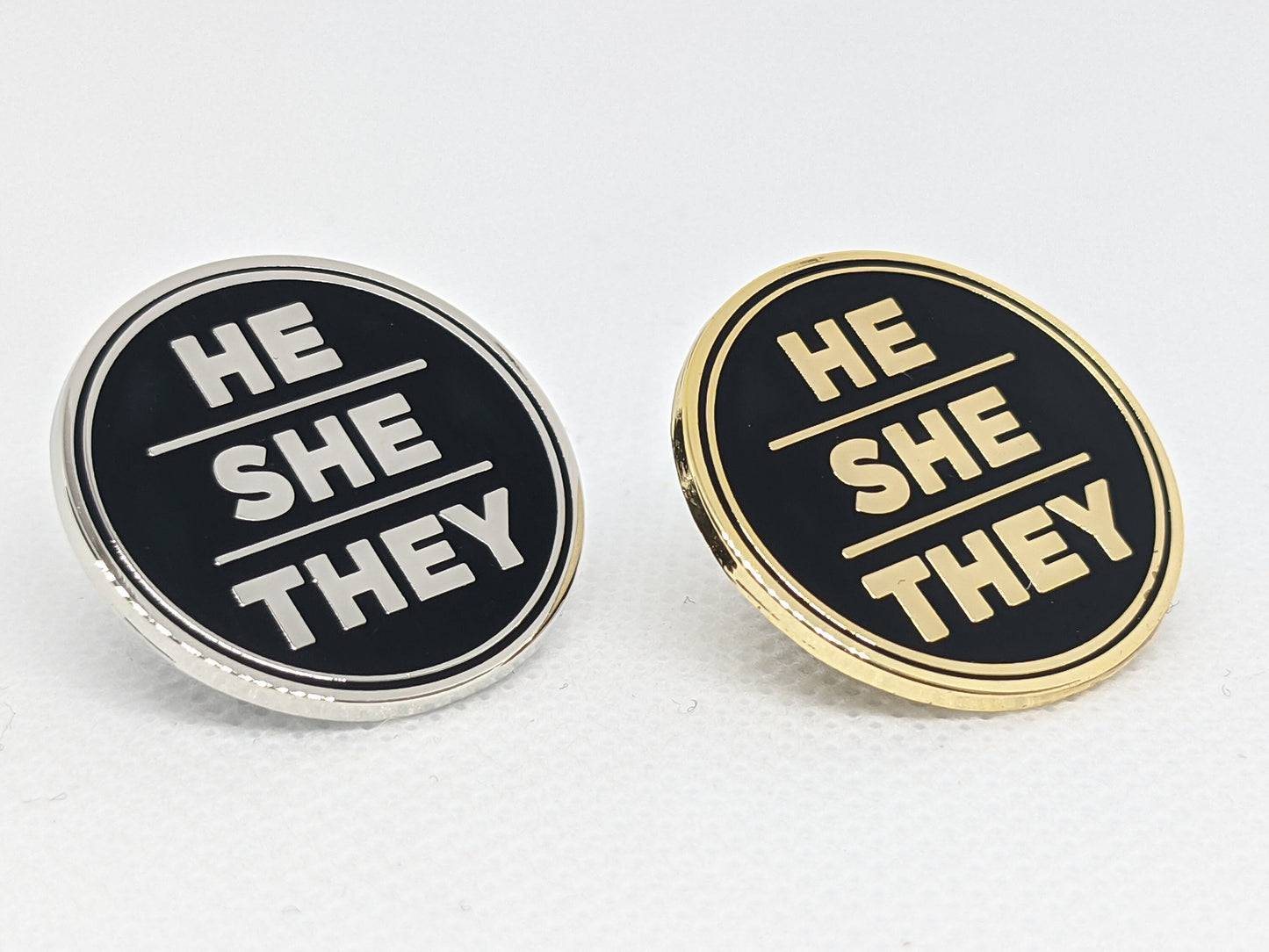 He She They Pronoun Pin Silver or Gold 1-inch Round Hard Enamel | Nonbinary Genderfluid Genderqueer Pronoun Badge