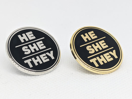 He She They Pronoun Pin Silver or Gold 1-inch Round Hard Enamel | Nonbinary Genderfluid Genderqueer Pronoun Badge