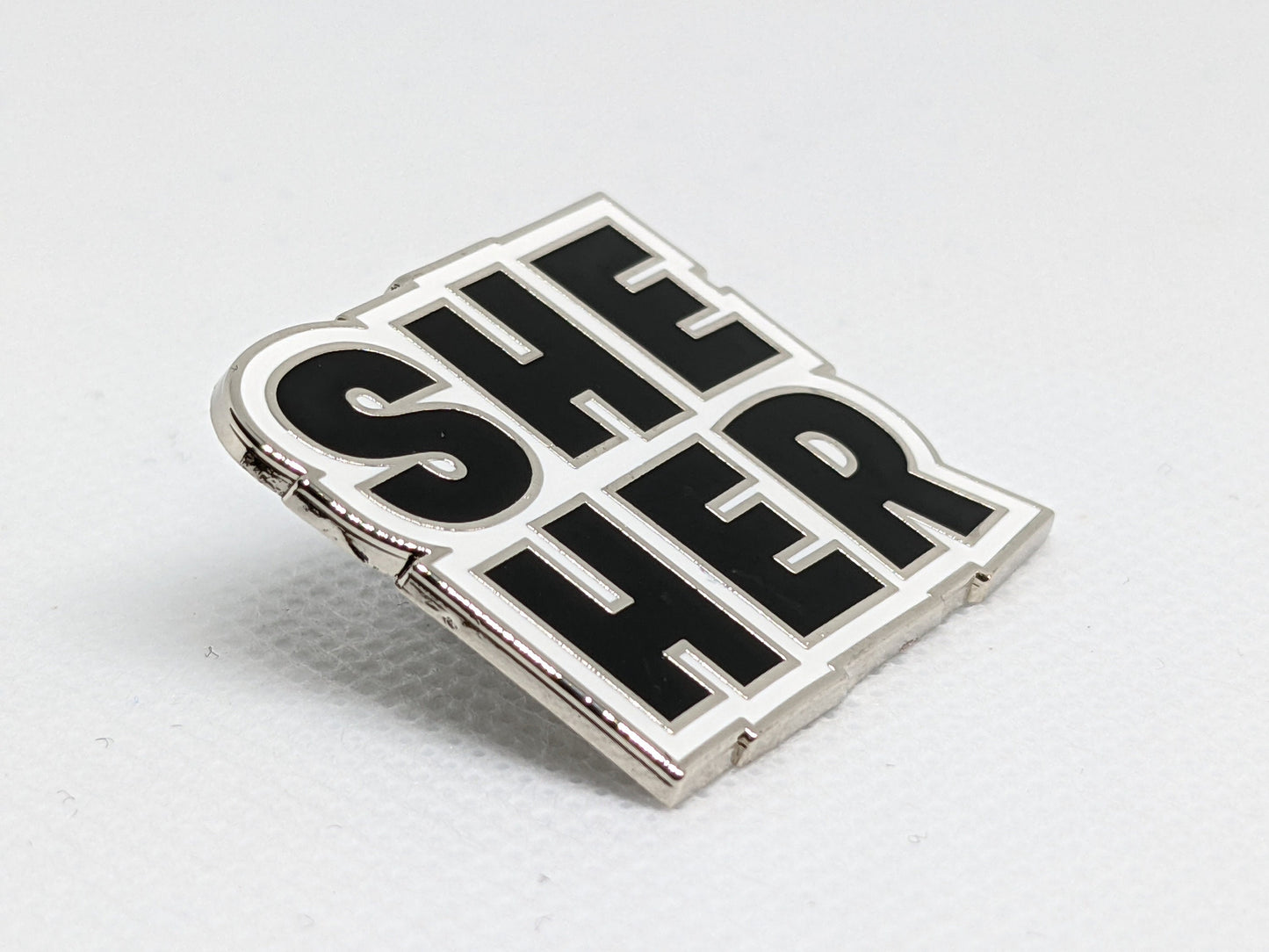 She Her Pronoun Pin Block Letters | Choose Pink or Black and White Female Femme Hard Enamel Pronoun Button