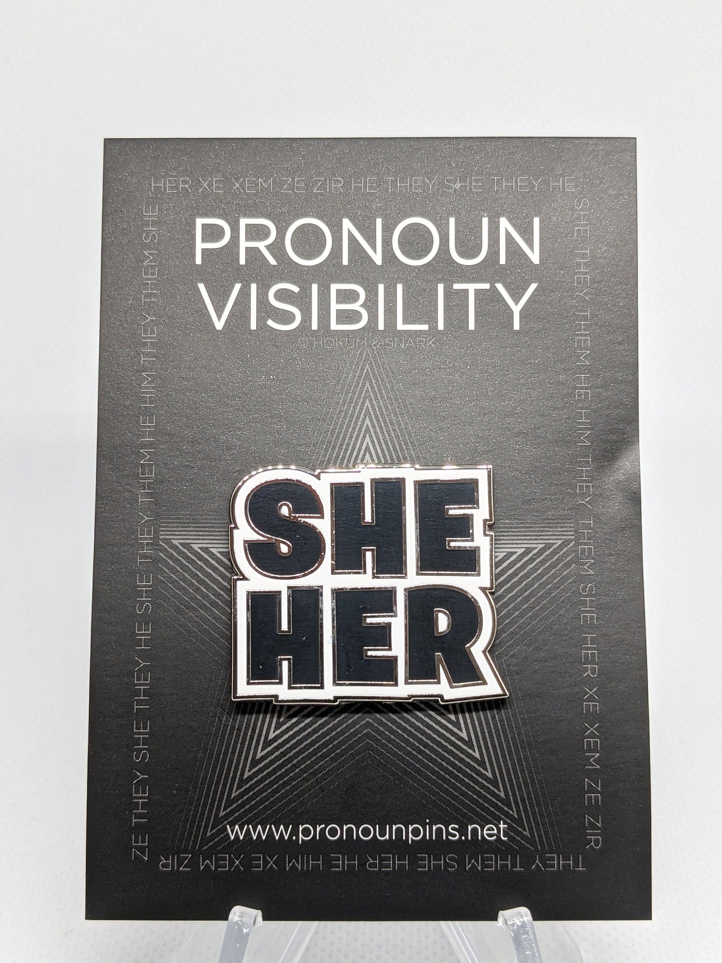 She Her Pronoun Pin Block Letters | Choose Pink or Black and White Female Femme Hard Enamel Pronoun Button