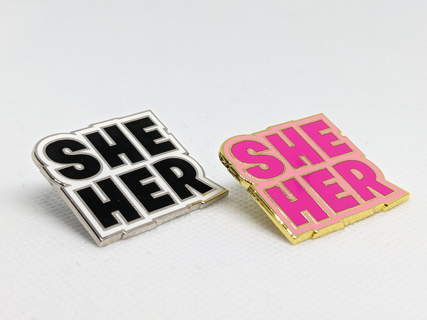 She Her Pronoun Pin Block Letters | Choose Pink or Black and White Female Femme Hard Enamel Pronoun Button