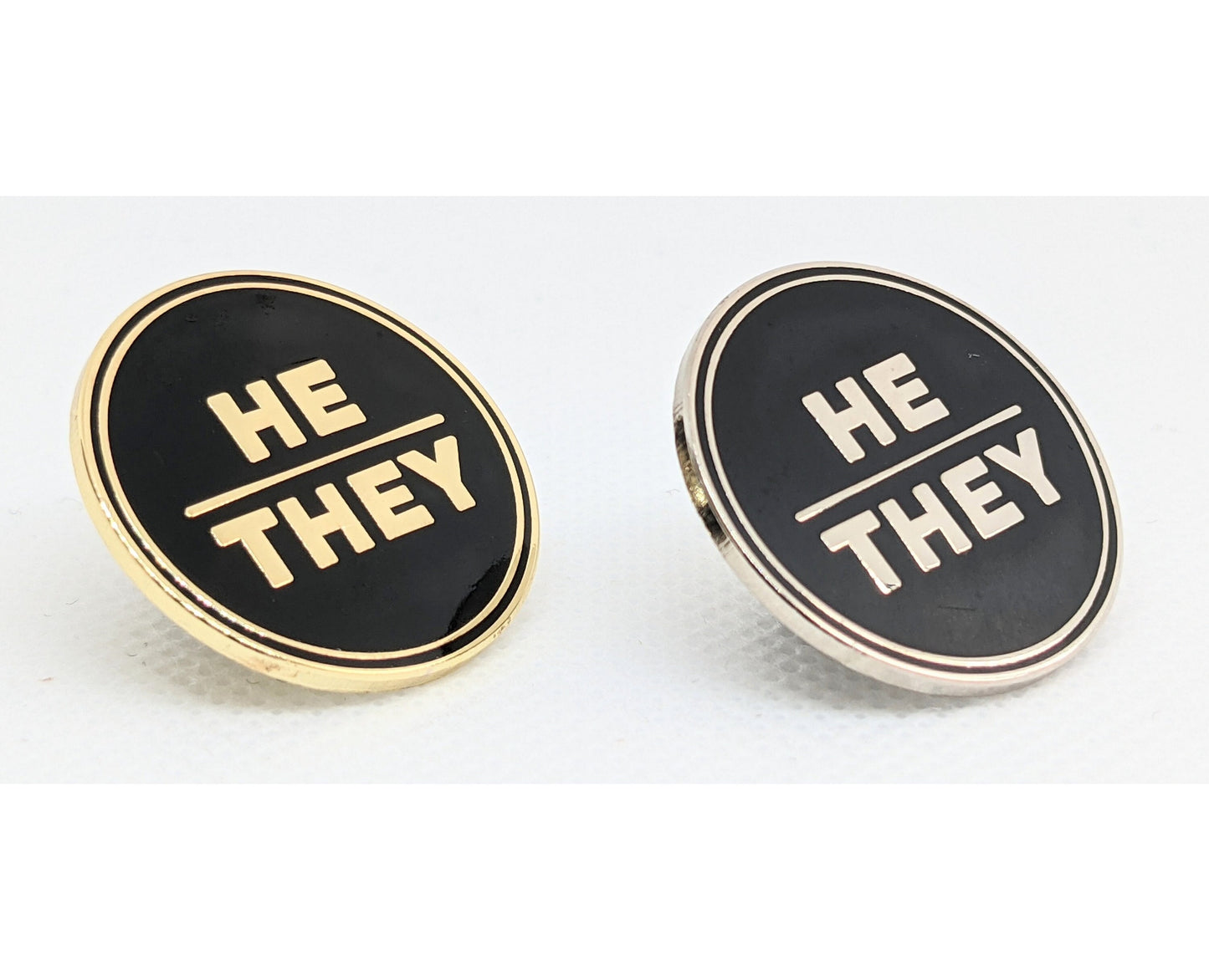 He They Pronoun Pin Silver or Gold 1-inch Round Hard Enamel | Masc Nonbinary Gender Fluid Pronoun Badge