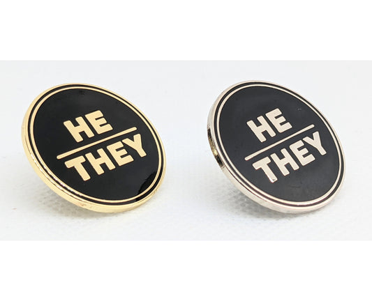 He They Pronoun Pin Silver or Gold 1-inch Round Hard Enamel | Masc Nonbinary Gender Fluid Pronoun Badge