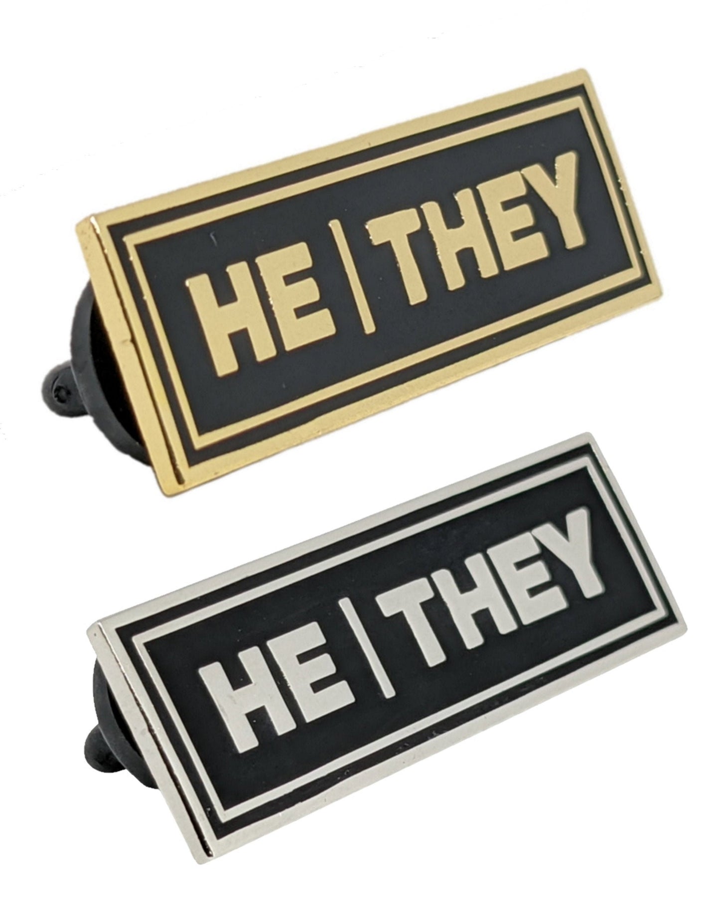 He/They Rectangle Pronoun Pin or Magnet Back Silver or Gold Hard Enamel 1.5 by .5 in | Masc Nonbinary Pronoun Badge
