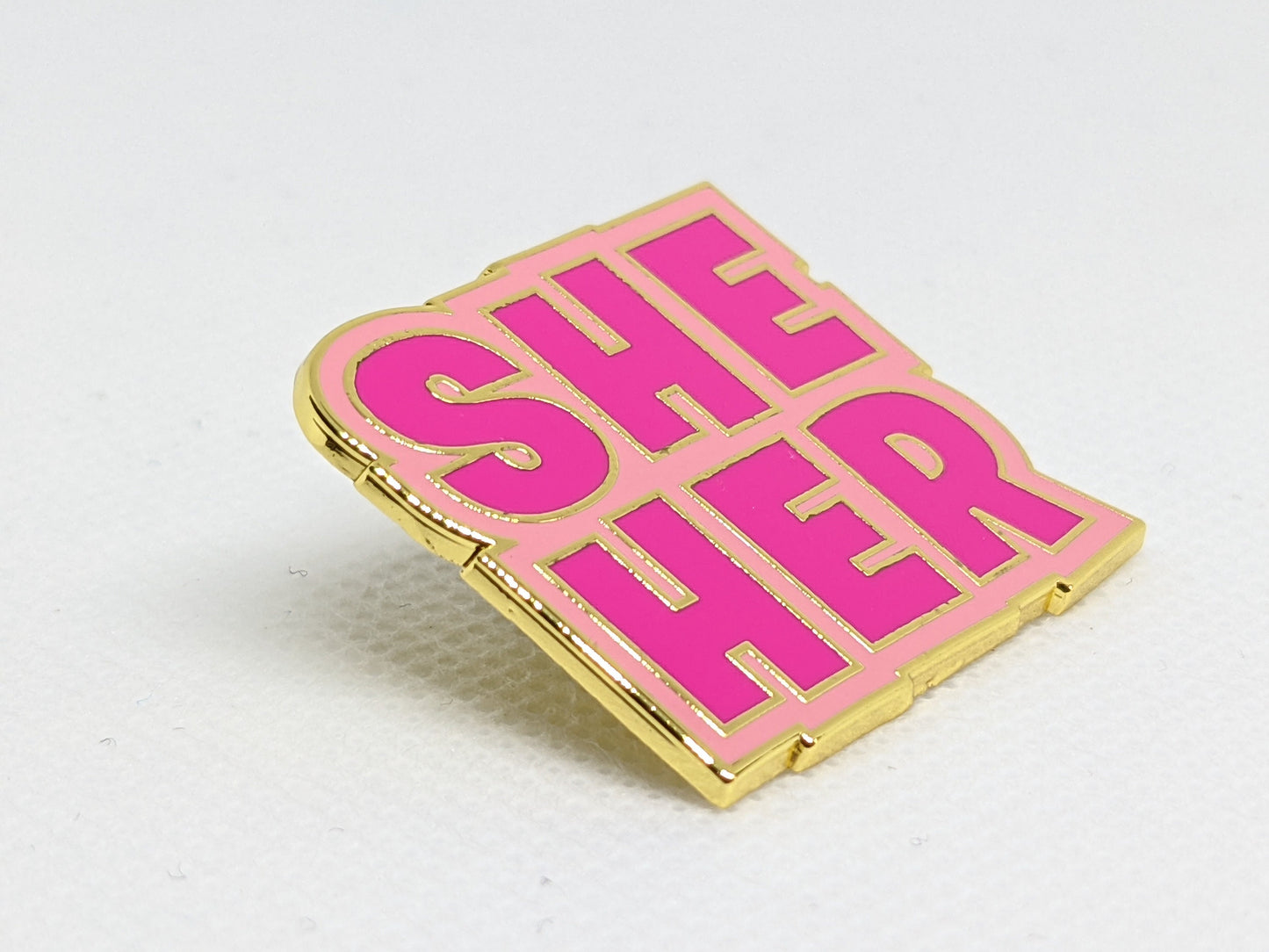 She Her Pronoun Pin Block Letters | Choose Pink or Black and White Female Femme Hard Enamel Pronoun Button