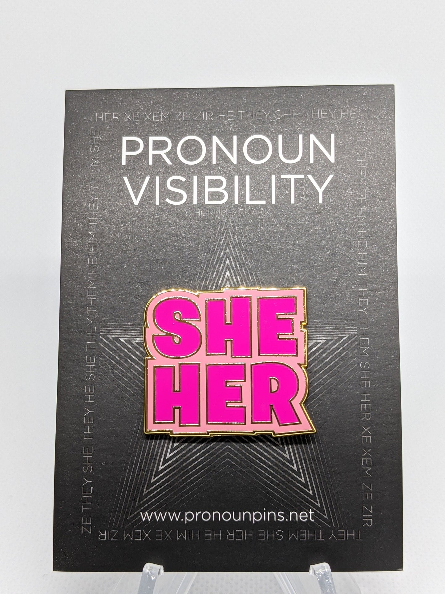 She Her Pronoun Pin Block Letters | Choose Pink or Black and White Female Femme Hard Enamel Pronoun Button