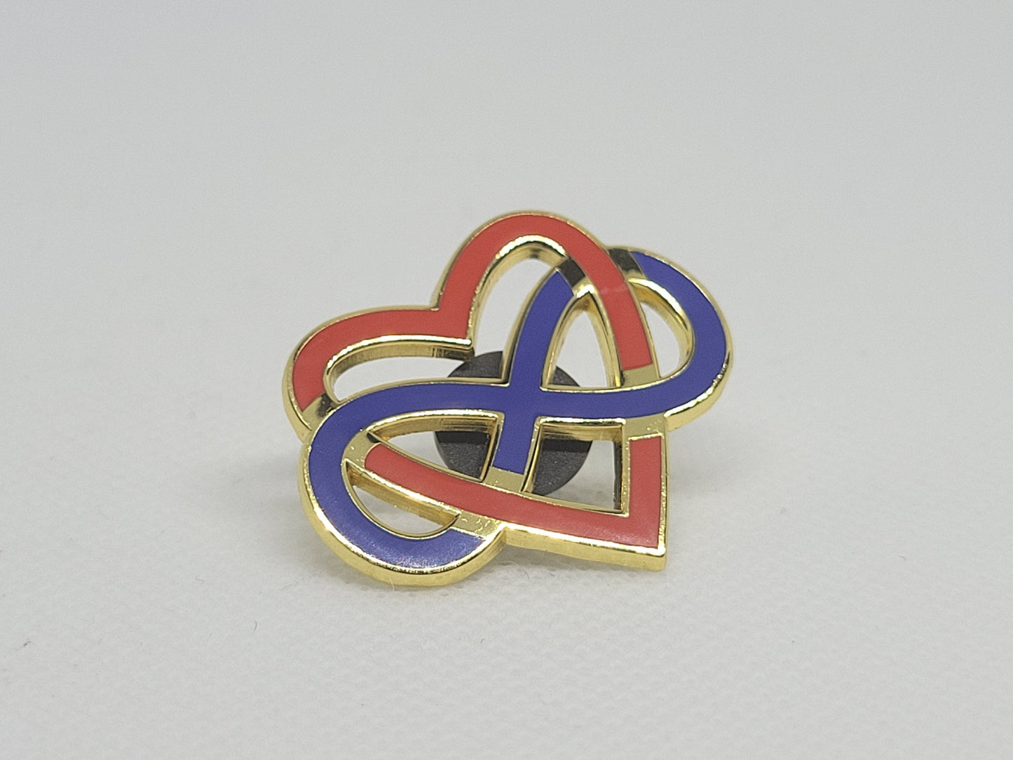 Polyamory Infinity Heart Enamel Pin | Infinite Love Celtic Knot Blue Red Gold Cut Out Design | Polyamory Pride Jewelry