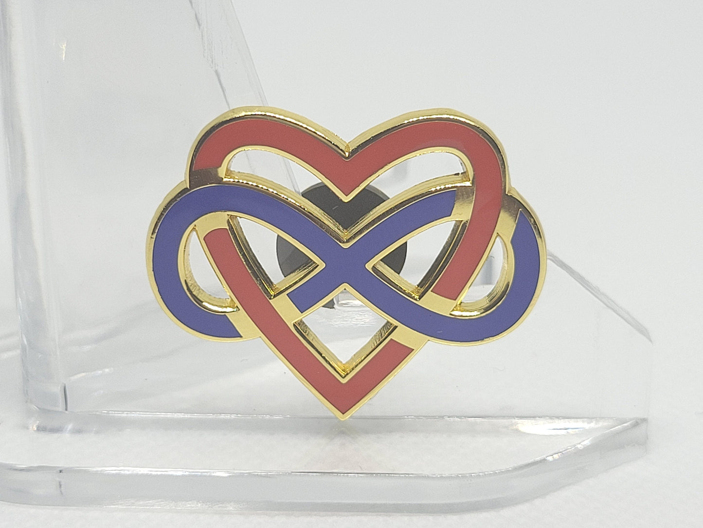 Polyamory Infinity Heart Enamel Pin | Infinite Love Celtic Knot Blue Red Gold Cut Out Design | Polyamory Pride Jewelry