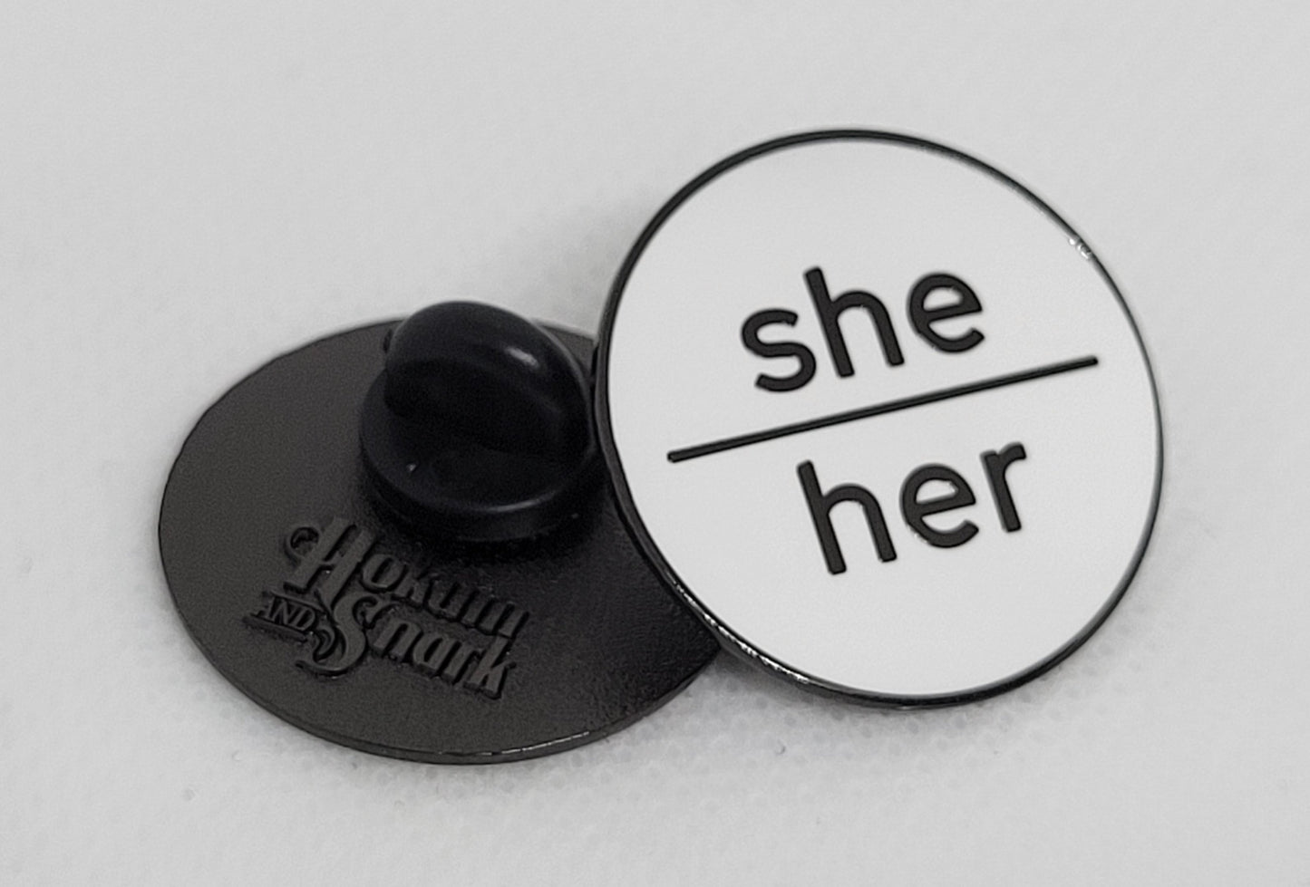 Modern Minimalist Pronoun Pin | She Her Pin | Choose White/Gold, White/Black or Black/Silver | She/Her Pronoun Button