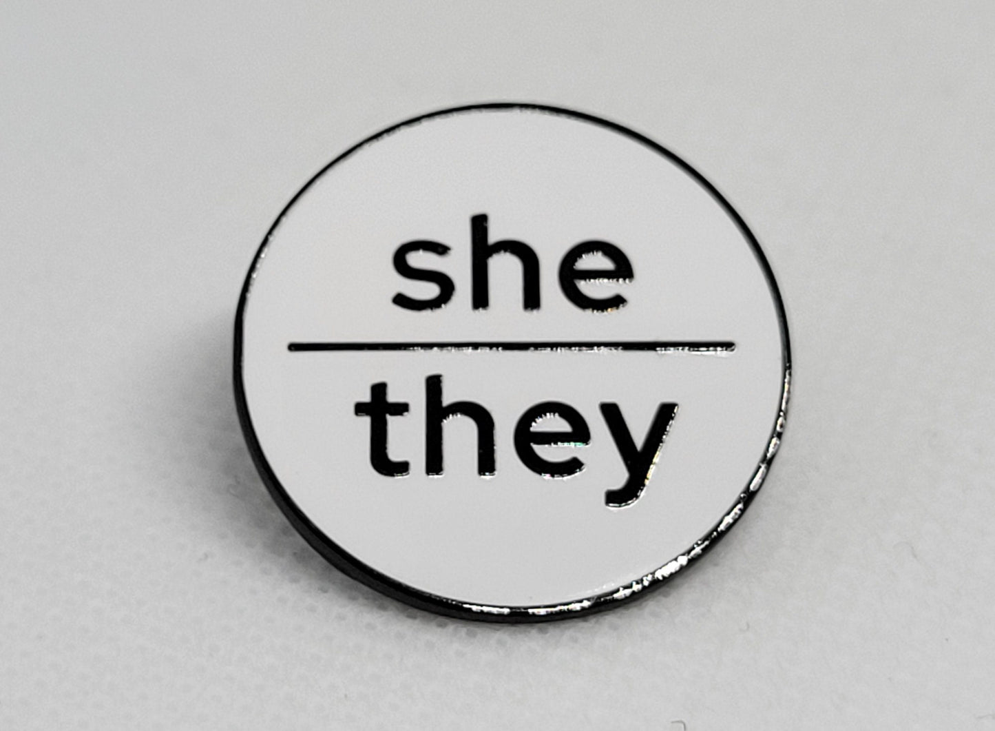 Modern Minimalist Pronoun Pin | She They Pin | Choose White & Gold or White/Black  | She/They  Pronoun Button | Nonbinary Pronoun Pin