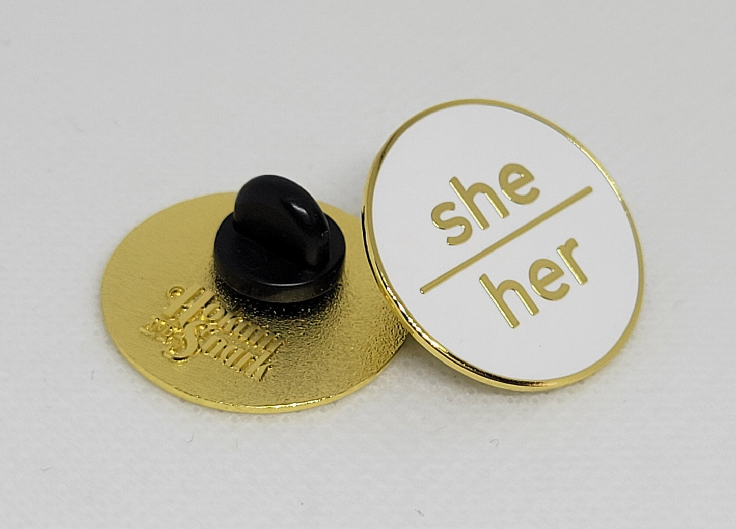 Modern Minimalist Pronoun Pin | She Her Pin | Choose White/Gold, White/Black or Black/Silver | She/Her Pronoun Button