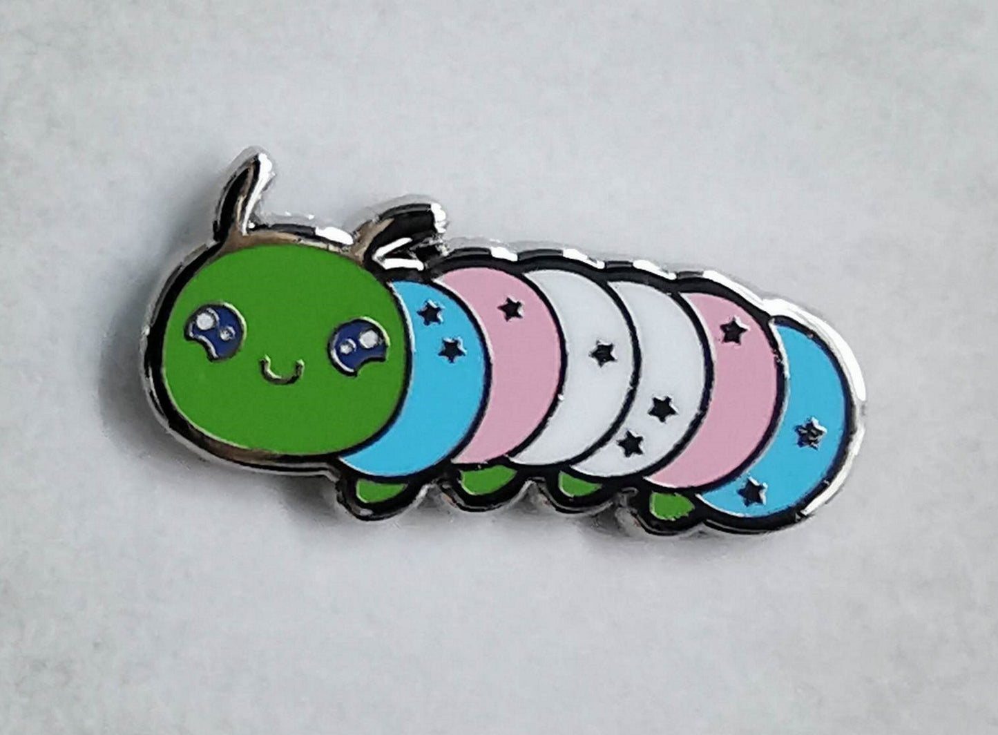 Transgender Pride Pin | Caterpillar Chibi Enamel Pin in Trans Pride Flag Colors | LGBTQ+ Pins | Subtle Pride Jewelry Accessory