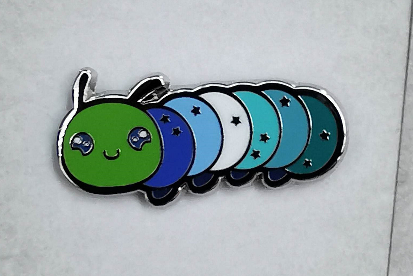 MLM Pride Pin | Caterpillar Chibi Enamel Pin in Gay Male Pride Flag Colors | LGBTQ+ Pins | Subtle Pride Jewelry Accessory