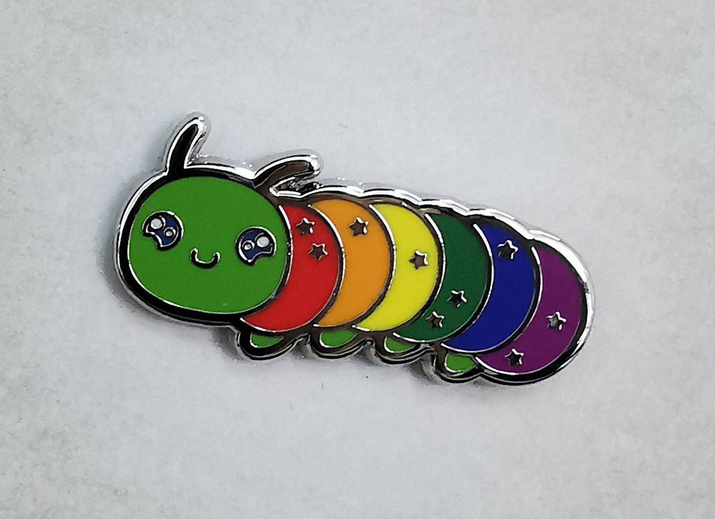 Rainbow Pride Pin | Caterpillar Chibi Enamel Pin in Gay Pride Flag Colors | LGBTQ+ Pins | Subtle Pride Jewelry Accessory