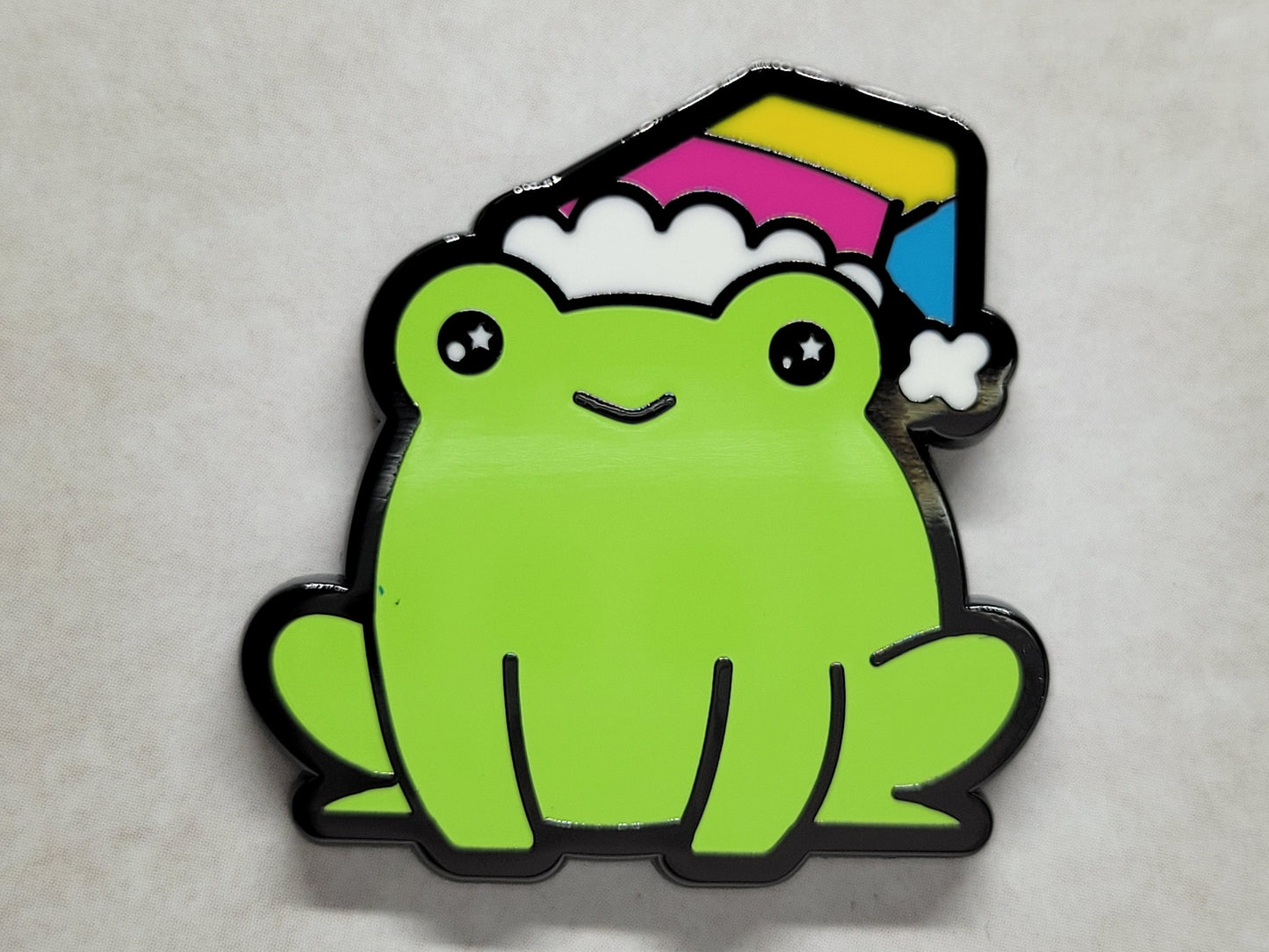 Pan Frog Pin | Chibi Gay Frog in Pansexual Pride Flag Hat | LGBT Frog Enamel Pin | Subtle Pride Jewelry