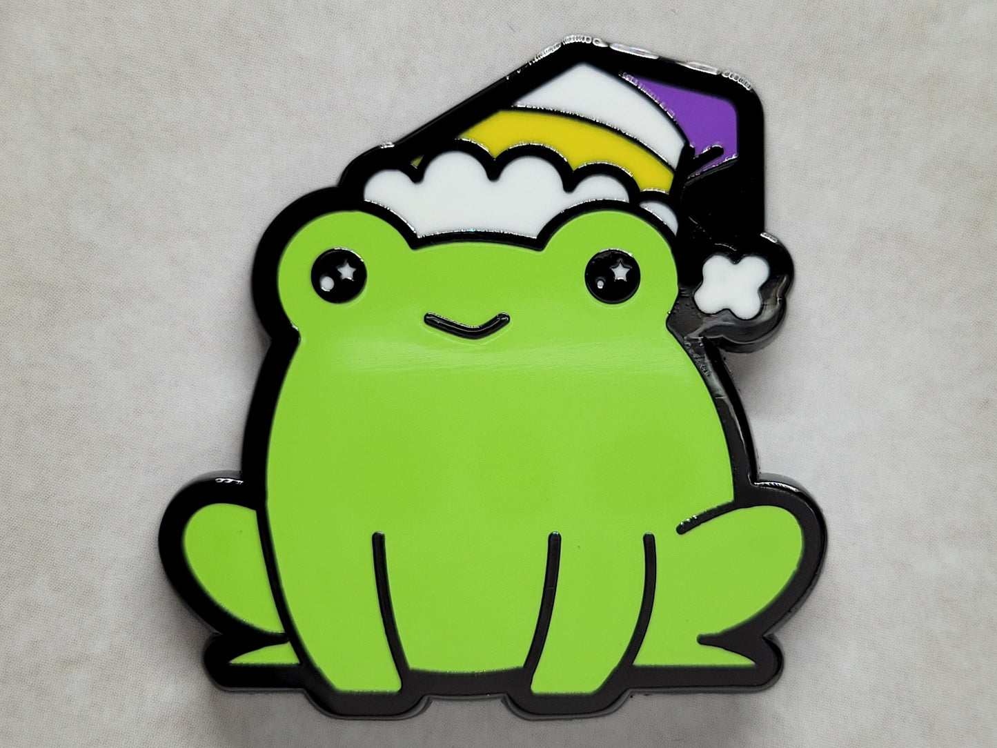 Nonbinary Frog Pin | *FREE SHIPPING* Chibi LGBTQ Pride Frog Enamel Pin in Nonbinary Pride Flag Beanie or Santa Hat | Gay Christmas