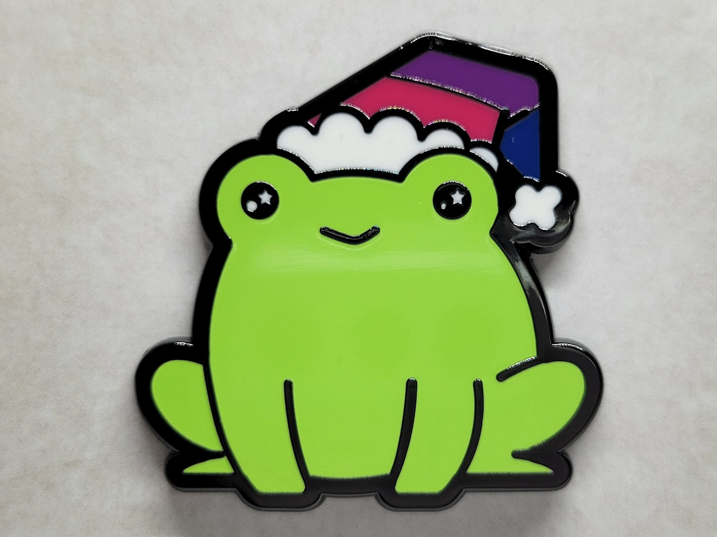 Bi Frog Pin | Chibi Bisexual Frog Wearing Beanie with LGBT Bi Pride Flag Colors | Subtle Pride Enamel Pin