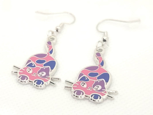 Bisexual Purride Calico Cat Earrings in Bi Pride Flag Colors | Chibi Neko LGBTQ+ Subtle Pride Jewelry