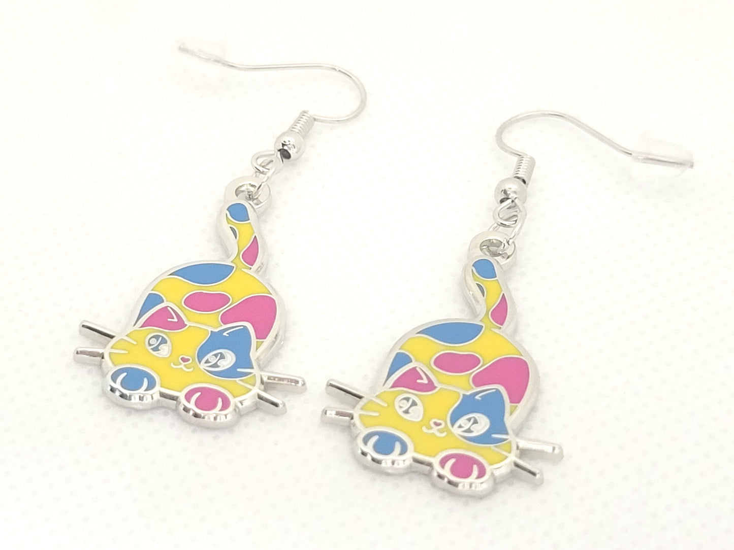 Pansexual Purride Calico Cat Earrings in Pan Pride Flag Colors | Chibi Neko LGBTQ+ Subtle Pride Jewelry