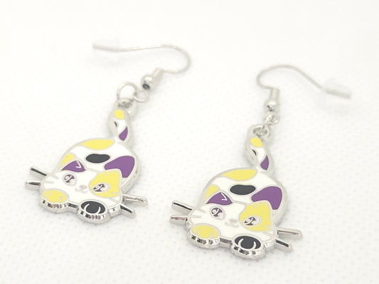 Nonbinary Purride Calico Cat Earrings in Enby Pride Flag Colors | Chibi Neko LGBTQ+ Subtle Pride Jewelry