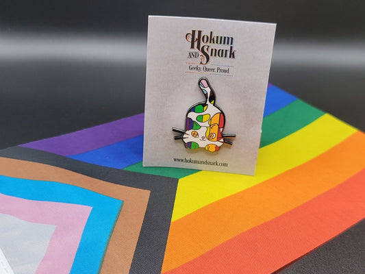 Subtle Gay Pride Pin Chibi Calico Cat Enamel Pin in Rainbow LGBT Progress Pride Flag Colors | Subtle Pride Jewelry