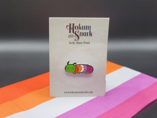 Lesbian Pride Pin | Caterpillar Chibi Enamel Pin in Lesbian Pride Flag Colors | LGBTQ+ Pins | Subtle Pride Jewelry Accessory