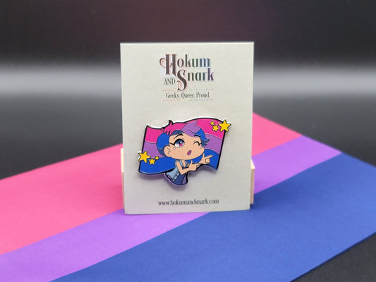 Finger Guns Bi Kawaii Chibi Style Enamel Pin with Bisexual Pride Flag