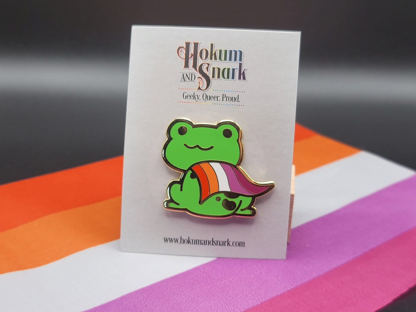 Lesbian Pride Frog Pin | Chibi Queer Lesbian Frog Enamel Pin with WLW Sunset Lesbian Flag Cape | Pride Jewelry Pride Accessories LGBT Pins